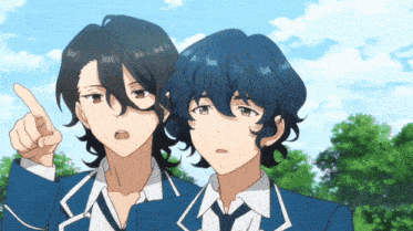 two anime characters standing next to each other one pointing up