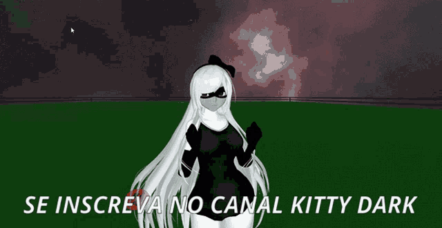 a girl in a black dress is standing in a field with the words se inscreve no canal kitty dark