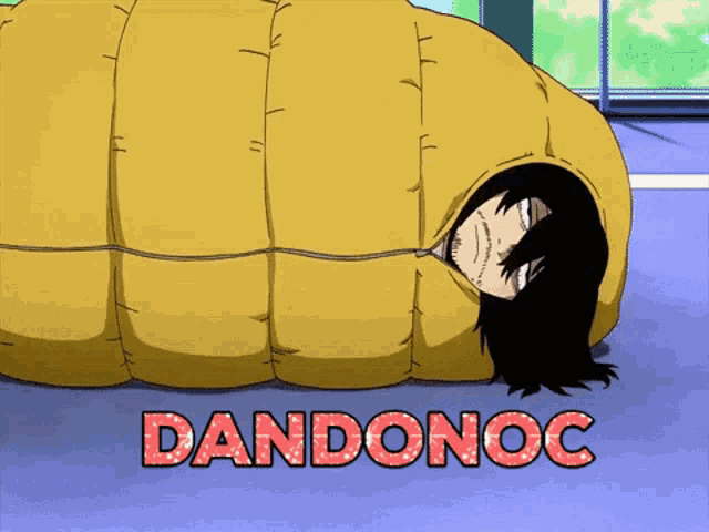 a cartoon character is laying in a yellow sleeping bag with the word dandonoc written on the bottom