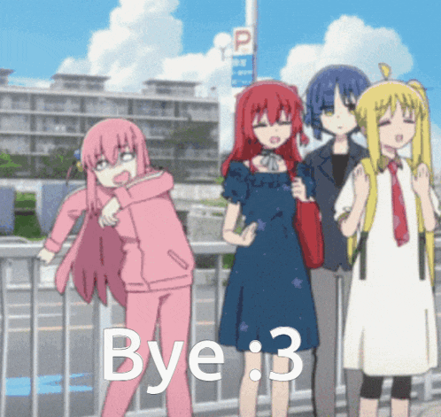 a group of anime characters are standing next to each other with the words bye 3 written on the bottom