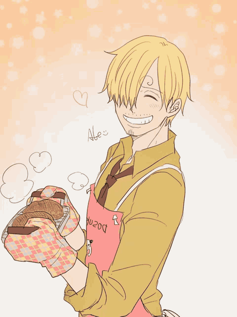 a drawing of a man wearing a pink apron that says dozen on it