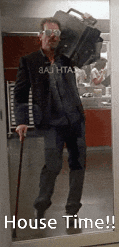 a man with a cane is carrying a suitcase and a briefcase with the words house time written below him