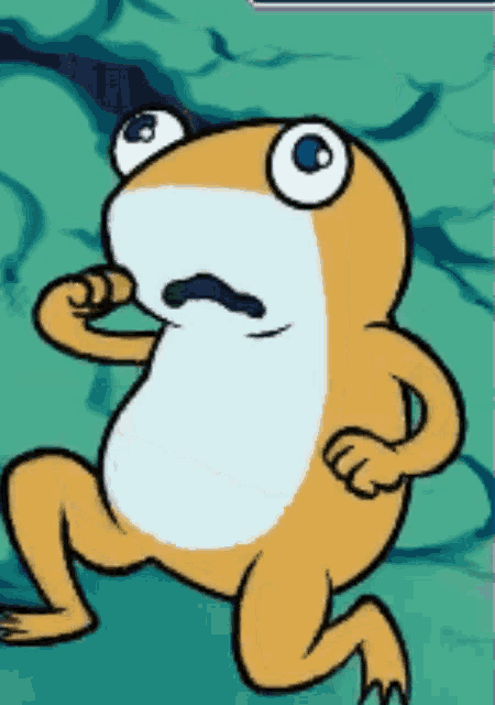 a cartoon of a frog with big blue eyes is running