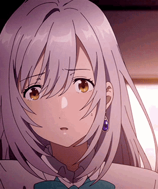 a close up of a girl with purple hair