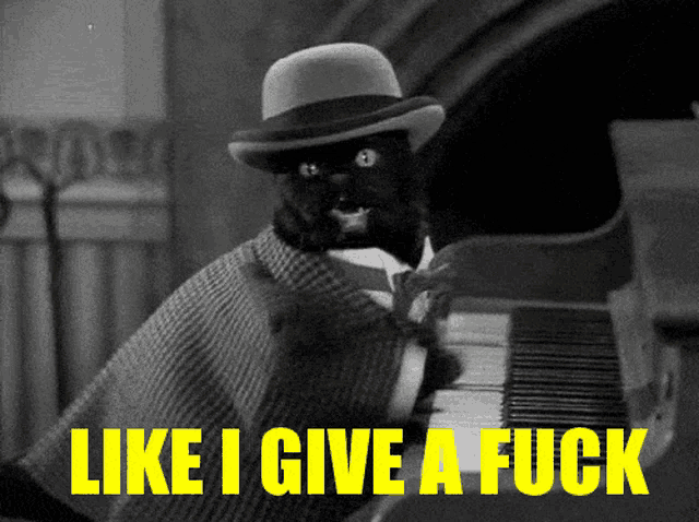 a black cat in a hat is playing a piano with the words like i give a fuck above it