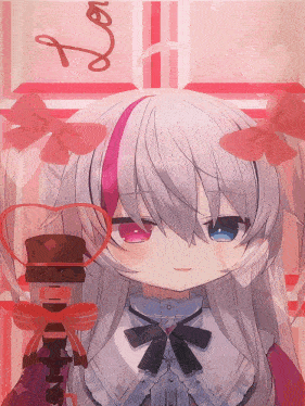 a girl with white hair and red eyes is holding a heart shaped box that says ' i love you '