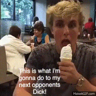 a man is eating an ice cream cone and saying this is what i 'm gonna do to my next opponents dick !