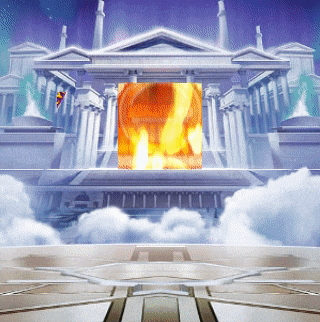 a large building with columns and a fire coming out of the top