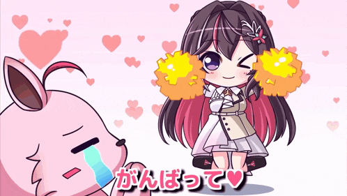 a cartoon drawing of a girl with cheerleader pom poms next to a pink bunny
