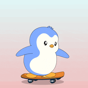 a blue and white penguin is flying through the air on a skateboard