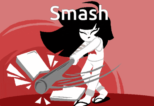 a cartoon of a girl holding a bat with the word smash written above her