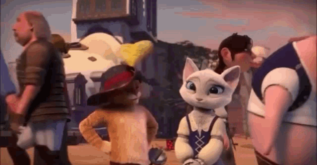 a group of cartoon characters are standing next to each other in a crowded city .