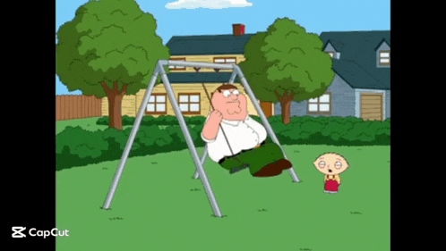 a cartoon of peter griffin sitting on a swing while stewie looks on