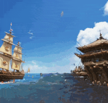 a painting of a pirate ship in the ocean with a tower in the background