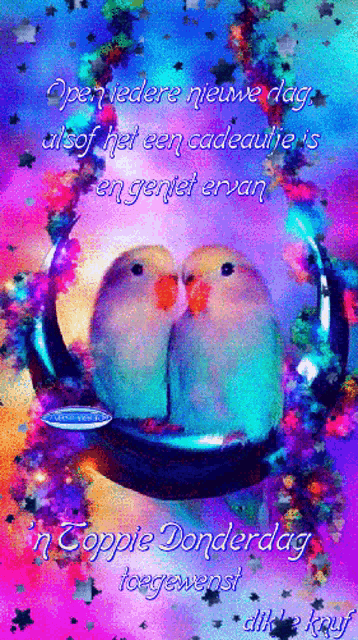 a colorful greeting card with two birds and the words " open iedere nieuwe dag "