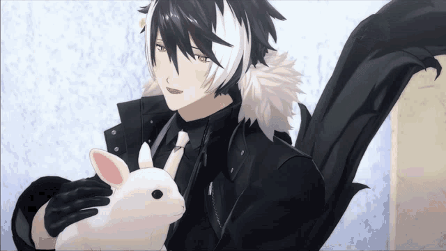 a black and white anime character holding a white bunny