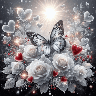 a butterfly sits on a bouquet of white roses