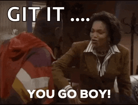 a man and a woman are shaking hands and the man is saying `` git it ... you go boy '' .