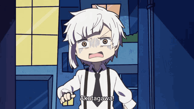 a cartoon character says akutagawa on the bottom right