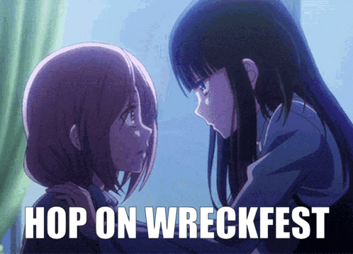 two anime girls are hugging each other with the words hop on wreckfest in the background