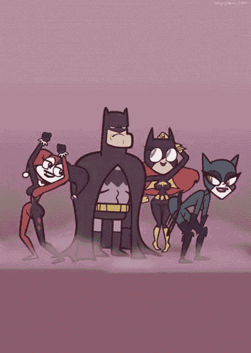 a cartoon of batman harley quinn batgirl and catwoman