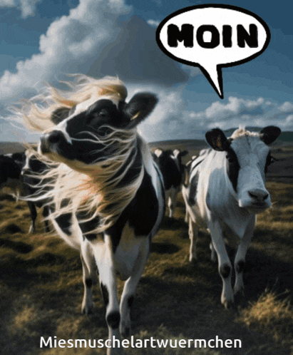 a cow with a speech bubble that says moin on it