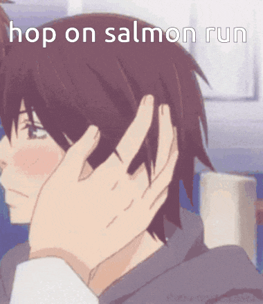 a person touching another person 's head with the words hop on salmon run written above it