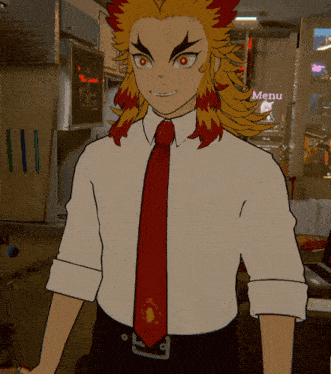a man wearing a white shirt and red tie is standing in front of a menu sign