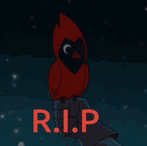 a red bird with a black face is sitting on a person 's hand with r.i.p in red letters