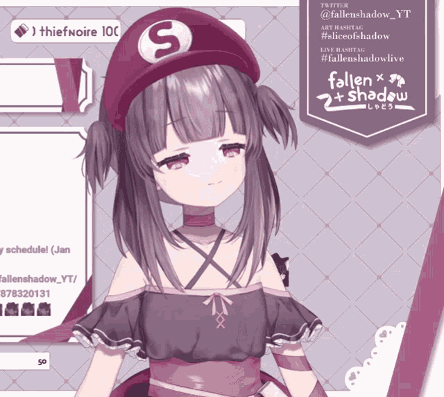 a girl with purple hair is wearing a hat with a s on it