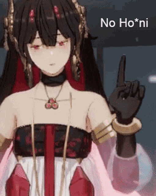 a woman in a red and black dress is giving a middle finger .