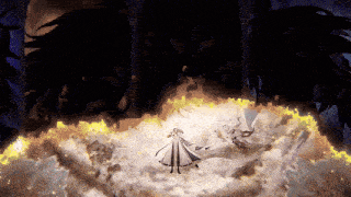 a man in a white robe is surrounded by flames and smoke in a dark room