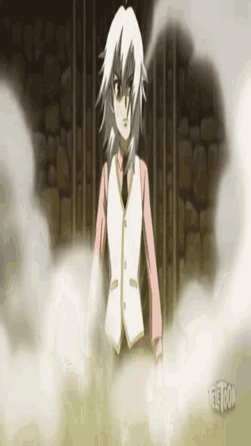 a girl in a white vest and pink sleeves is standing in a room with a brick wall behind her