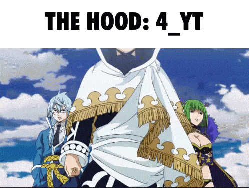 a group of anime characters are standing in front of a blue sky and the words the hood 4 yt
