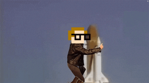 a man in a leather jacket and cowboy boots is flying through the air in front of a rocket