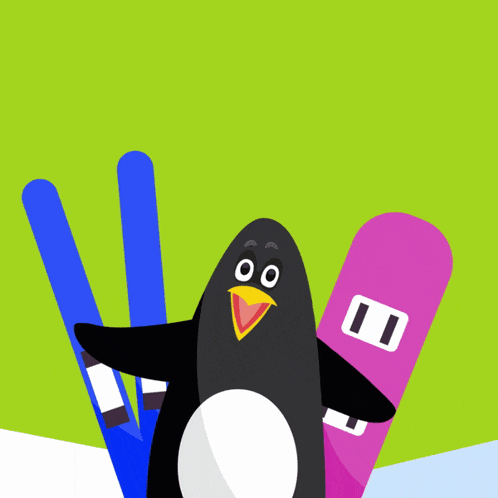an illustration of a penguin with skis and a snowboard