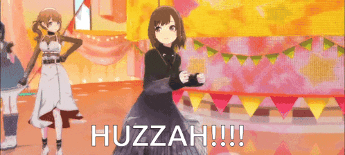 a girl in a black dress is standing in front of a sign that says huzzah