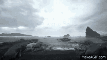 a black and white photo of a beach with the words death stranding written on the bottom