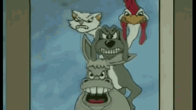 a cartoon of a cat a dog and a chicken with their mouths open