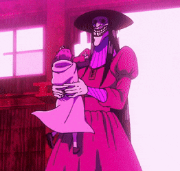 a skeleton in a pink dress is holding a baby