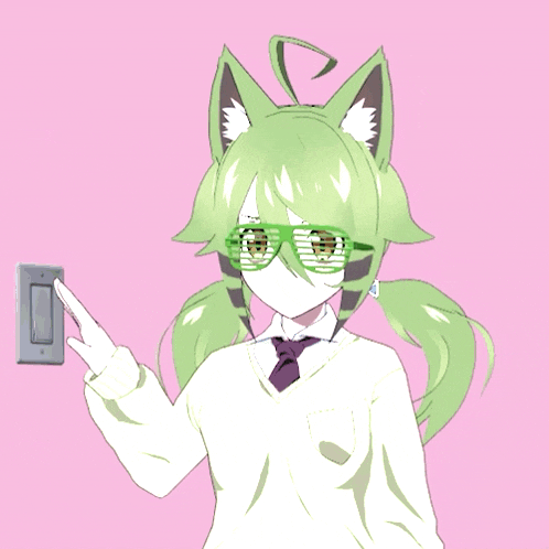 a girl with green hair and cat ears is holding a light switch