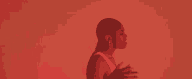 a woman is standing in front of a red wall with her hands outstretched .