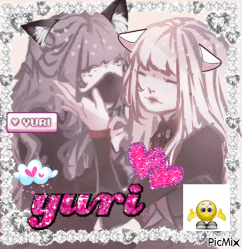 a picture of two anime girls with yuri written in pink letters