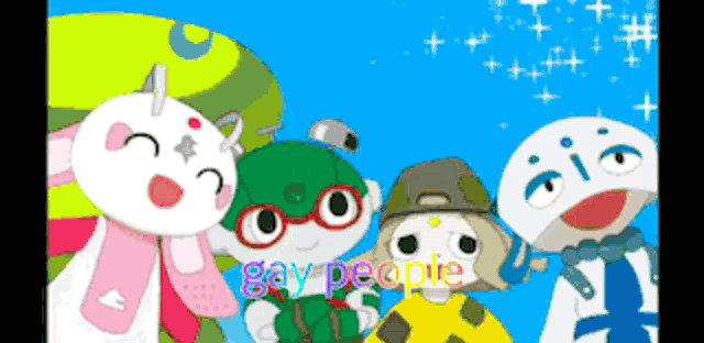a group of cartoon characters are standing next to each other and the words gay people are visible in the background
