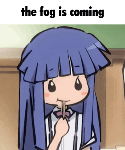 a cartoon of a girl eating noodles with the words the fog is coming below her