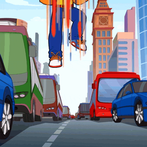 a cartoon of a man jumping over a busy street