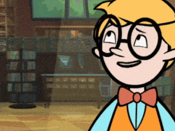 a cartoon character wearing glasses and a bow tie is smiling