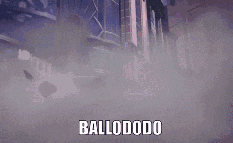 a girl with purple hair and blue eyes is waving her hand and says ballododo