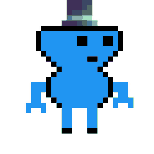 a pixel art drawing of a blue frog wearing a top hat