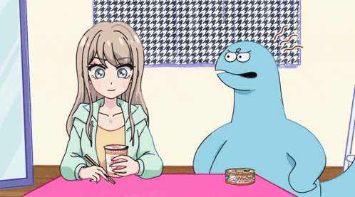 a girl sitting at a table with chopsticks next to a blue dinosaur